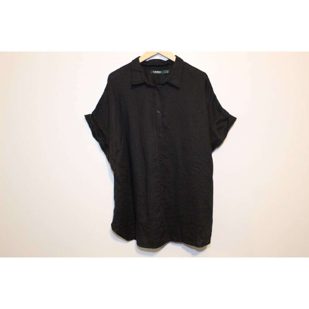 Lauren Ralph Lauren Linen Short Sleeve Button Up Shirt Black Plus Size 3X H13997 - Picture 2 of 9
